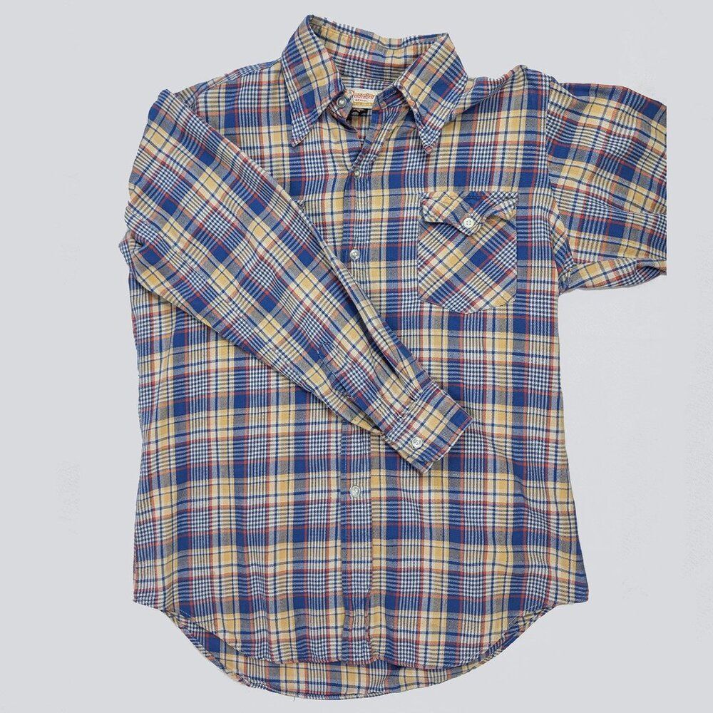 Vintage 70s Golden Bell Plaid Cotton Button Down Shirt Size M Retro